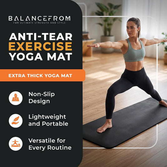BalanceFrom All Purpose 1-Inch Extra Thick High Density Anti-Tear Exercise Yoga Mat with Carrying Strap, Multiple Colors