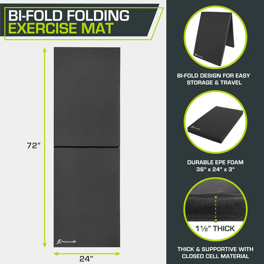 Bi-Fold Folding Thick Exercise Mat 6’x2’ with Carrying Handles for MMA, Gymnastics Core Workouts
