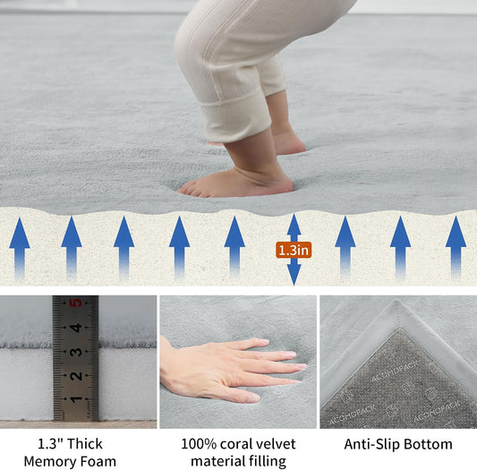 Baby Play Mat for Floor,1.3" Thick Memory Foam Area Rug for Living Room,Soft Velvet Crawling with Non-Slip Bottom for Kid,Toddler,39"×59" Tummy Time Nursery Rugs,Yoga(Light Grey)