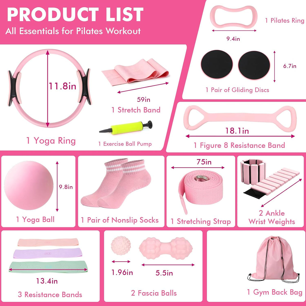 Pilates Equipment Kit for Women, Pink Ring Ball Bands, Home Workouts