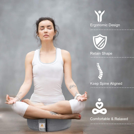 Embroidered Meditation Pillow D=16" H=5.5" Round Velvet Meditation Cushion Yoga Bolster Floor Pouf Zafu Natural Buckwheat hulls Sitting on Floor Removable Organic Cotton Cover Large Kneeling Pillow