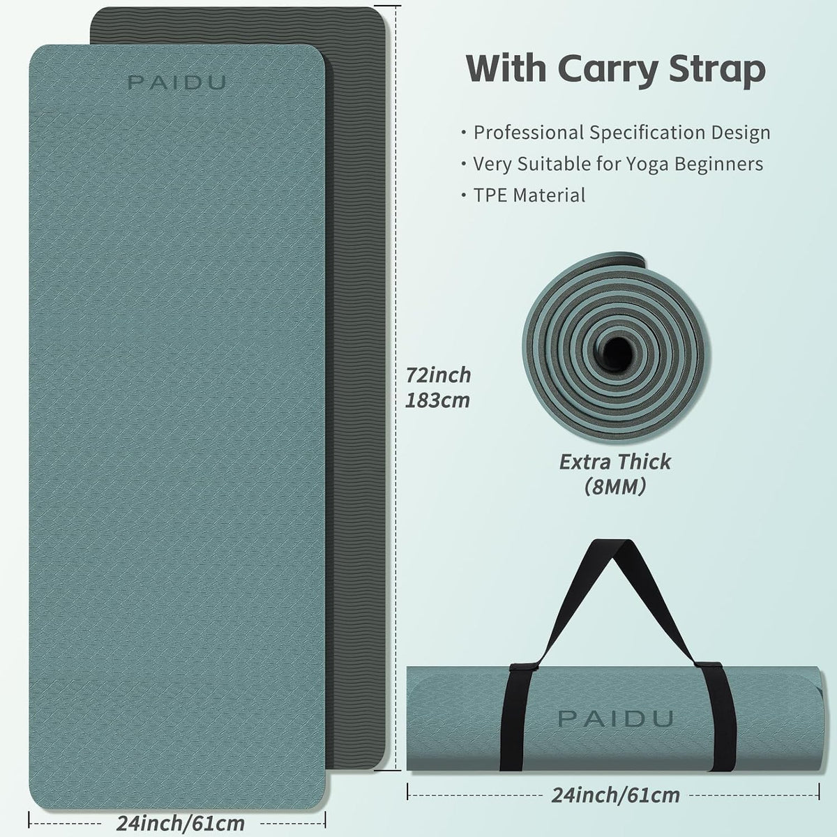 Yoga Mat 8mm TPE Non‑Slip Fitness Mat with Strap for Home Workouts