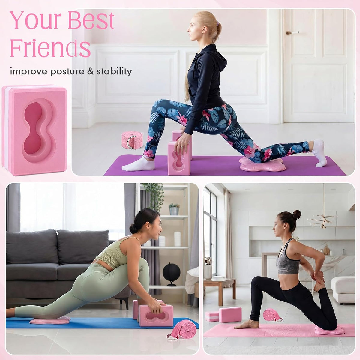Yoga Blocks 2 Pack for Wrist Relief,Yoga Block with Knee Pads Strap