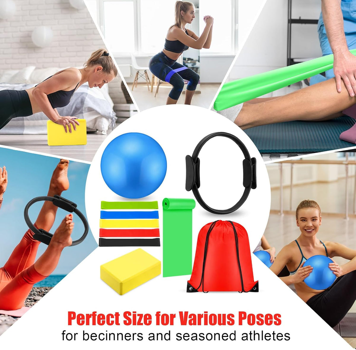10 Pcs Pilates Ring Blocks Set for Women Home Yoga Equipment Accessories Pilates Ring Circle and Ball Workouts Gift Include Ball Yoga Circle Resistance Bands Block Straps Gym Bag