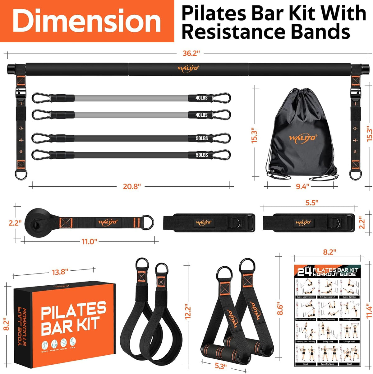 Pilates Bar Kit with Resistance Bands, Workout Equipment for Legs, Hip, Abs