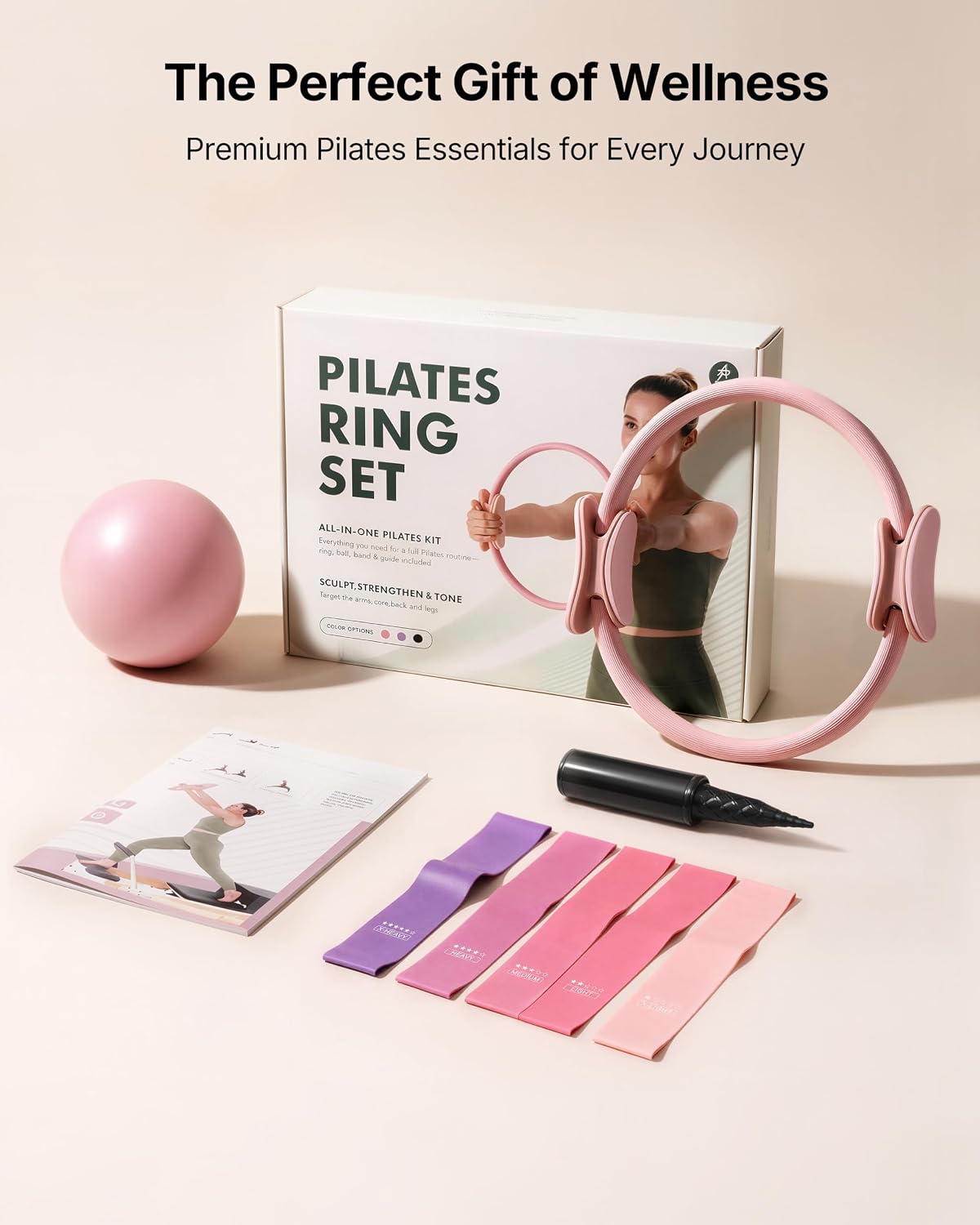 PAETA Pilates Ring Set – 14” Magic Circle (38 lbs Resistance), 9.8” Pilates Ball, 5 Resistance Bands, and Exercise Guide Included for Home Workouts