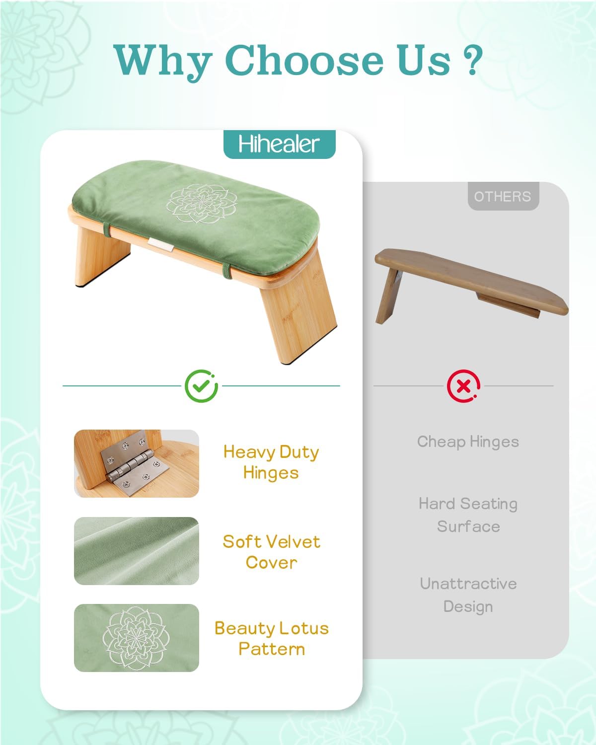 Folding Bamboo Meditation Bench with Cushion & Carry Bag – Ergonomic Yoga and Prayer Stool for Comfort and Posture Support (Black)