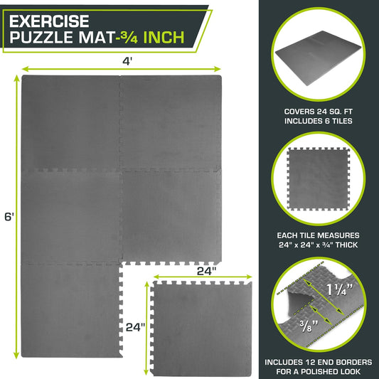 Weaved Pattern Extra Thick Exercise Puzzle Mat ¾-inch, EVA Foam Interlocking Tiles for Protective, Cushioned Flooring for Home and Gym Equipment; Grey, 24 SQ FT, 6 Tiles
