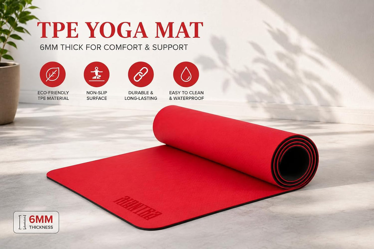 MANTRA 6mm Non-Slip Yoga Mat, 72 x 24 Inch Dual-Layer TPE Exercise Mat for Yoga, Pilates & Home Workouts, Red