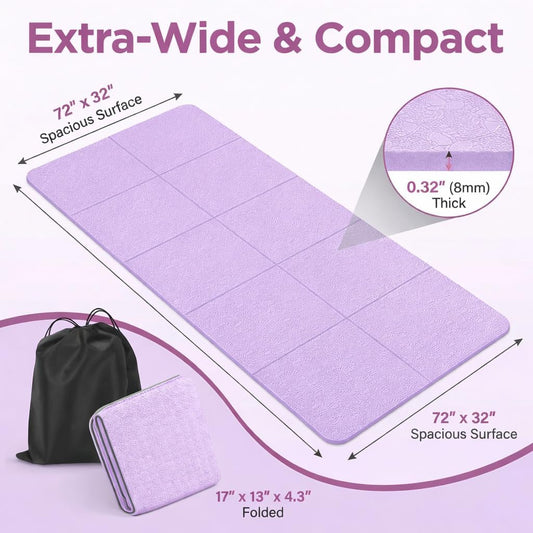 Foldable Travel Yoga Mat, 72"x32"x0.32" Extra Wide 8mm Thick Non-Slip Exercise Mat for Yoga, Pilates & Fitness-Purple