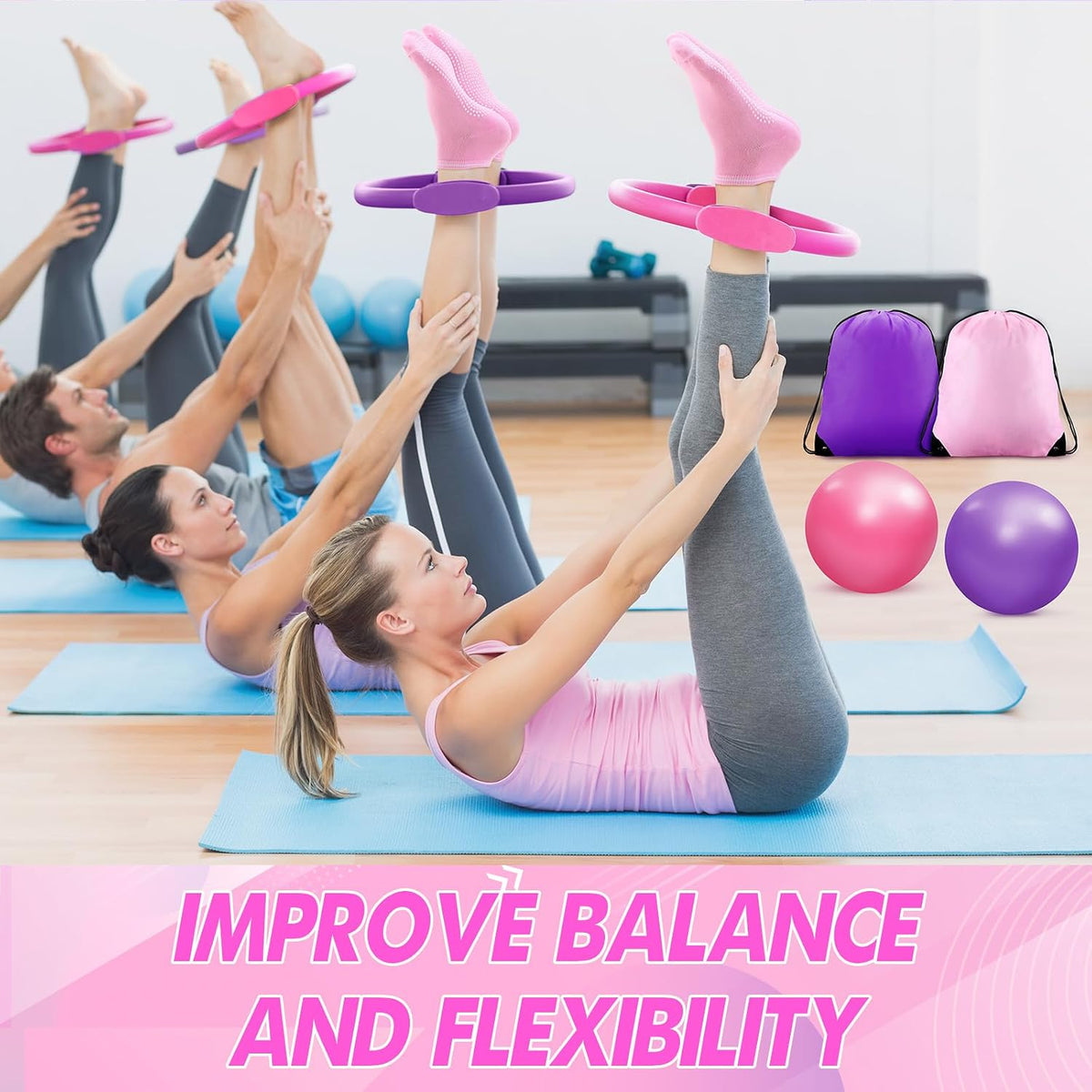 Home Pilates Essentials Kit for Women 30 Pcs Pilates Ring and Ball Equipment Set with Yoga Ball Stretching Strap 8 Shape Resistance Bands Non Slip Sock Wristbands Gym Bags Exercise