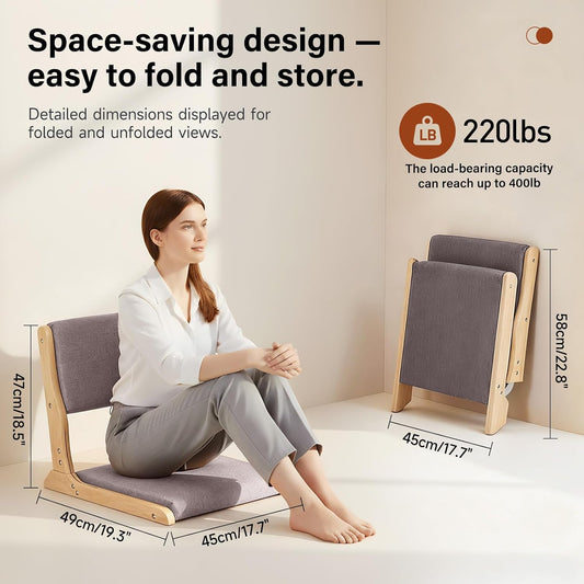 Tiita Foldable Meditation Floor Chairs with Back Support, Wood Grey