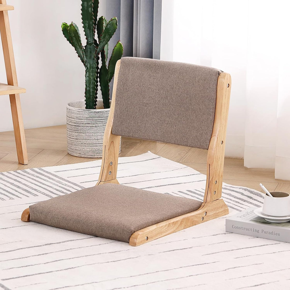 Tiita Foldable Meditation Floor Chairs with Back Support, Wood Grey
