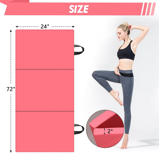 6ft x 2ft Folding Gymnastics Mat - 2-Inch Thick High Density Foam Yoga Mat, Non-Slip Gym Floor Mat for Home Workouts, Pilates & Stretching, Waterproof Oil-Proof Portable Exercise Mat.