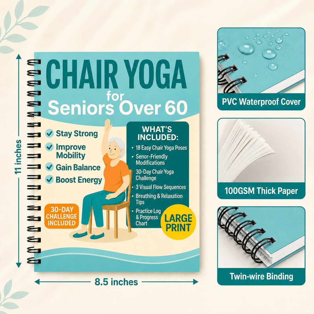 Chair Yoga for Seniors Over 60 Book & Chart – 30-Day Challenge, Gentle Seated Yoga Guide, Chair Yoga for Weight Loss & Flexibility, Senior Chair Exercises for Women & Men, 8.5x11" Book on Chair Yoga