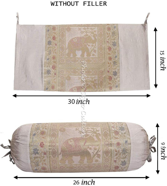 Indian Polydupion Cylindrical Yoga Bolster Pillow Cover Grey Jacquard Brocade Border Elephant Large Sofa Round Cylinder Cushion Cover (1 Pc) | 30x15 Inches (76x38 cm)