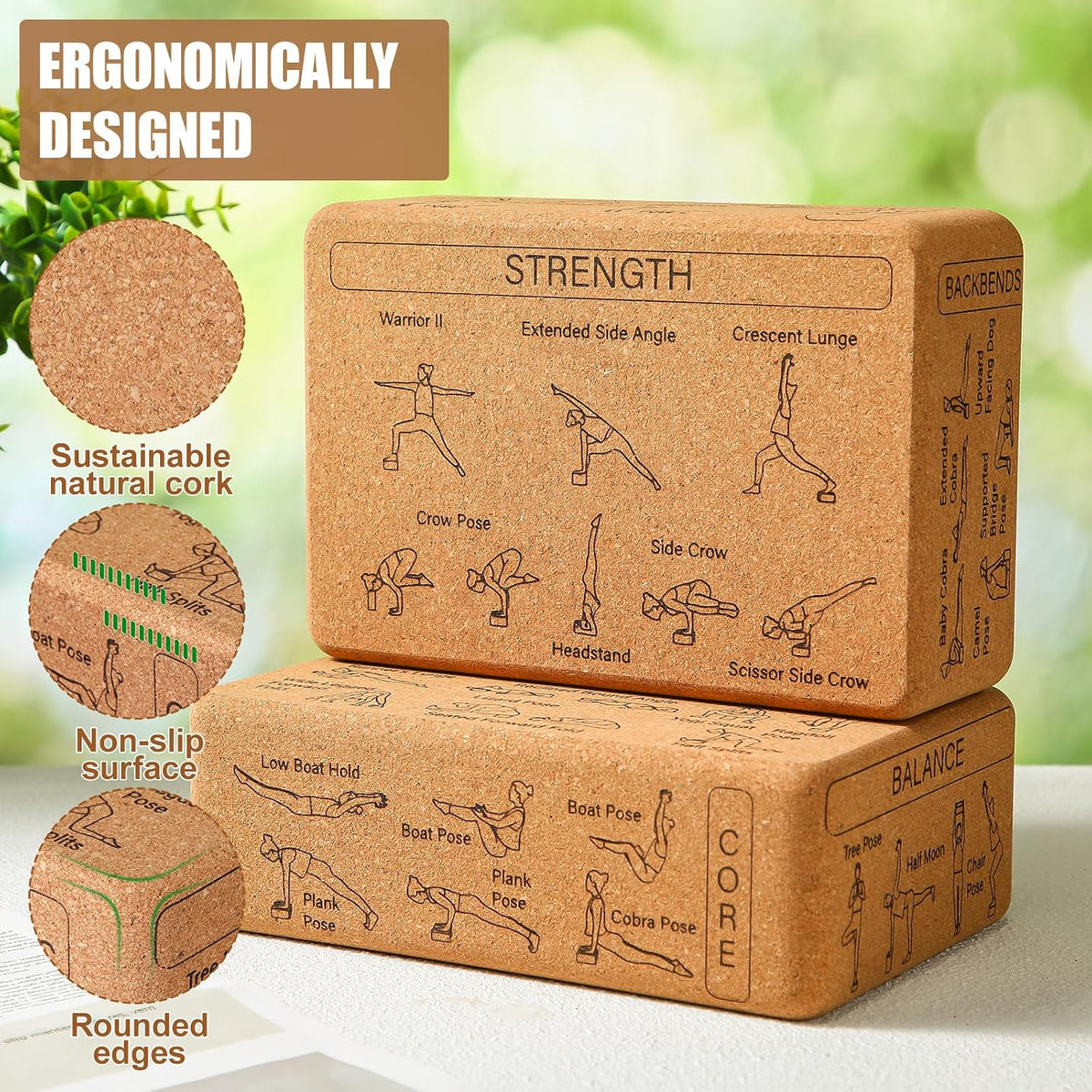 2 Pack Cork Yoga Blocks for Support and Balance, Beige