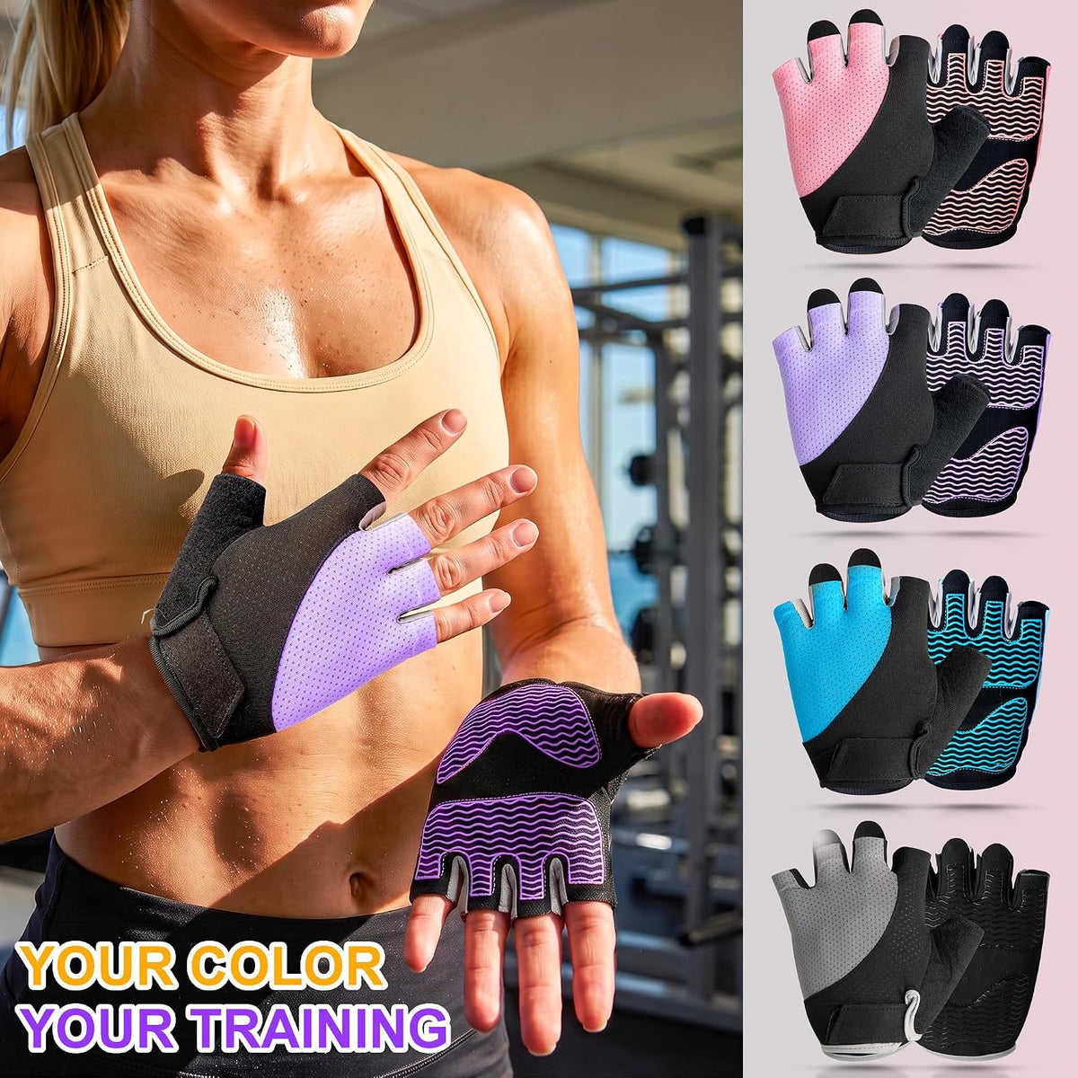 Workout Gloves for Women - Breathable Weight Lifting Gloves with Non-Slip Silicone Padding, Fingerless Gym Gloves for Cycling, Rowing, Pull Ups & Training (4 Sizes)