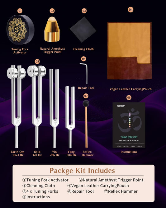 Tuning Forks for Healing Set – Includes 128Hz, 136Hz, 256Hz, 384Hz & Activator, Perfect for Healing, Chakra, Sound Therapy, Keep Body, Mind and Spirit in Perfect Harmony