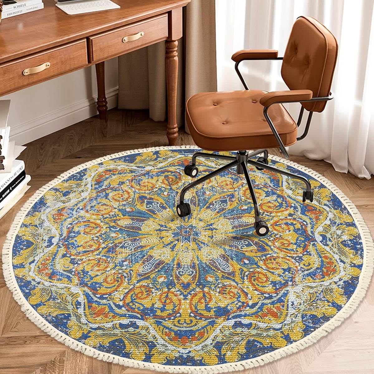Boho Rug 5Ft Round Bedroom Carpet Circle Nonslip Farmhouse Area Rug Rustic Mandala Floor Mat for Living Room Locker Room Tassel Throw Rugs Washable Doormat, Purple