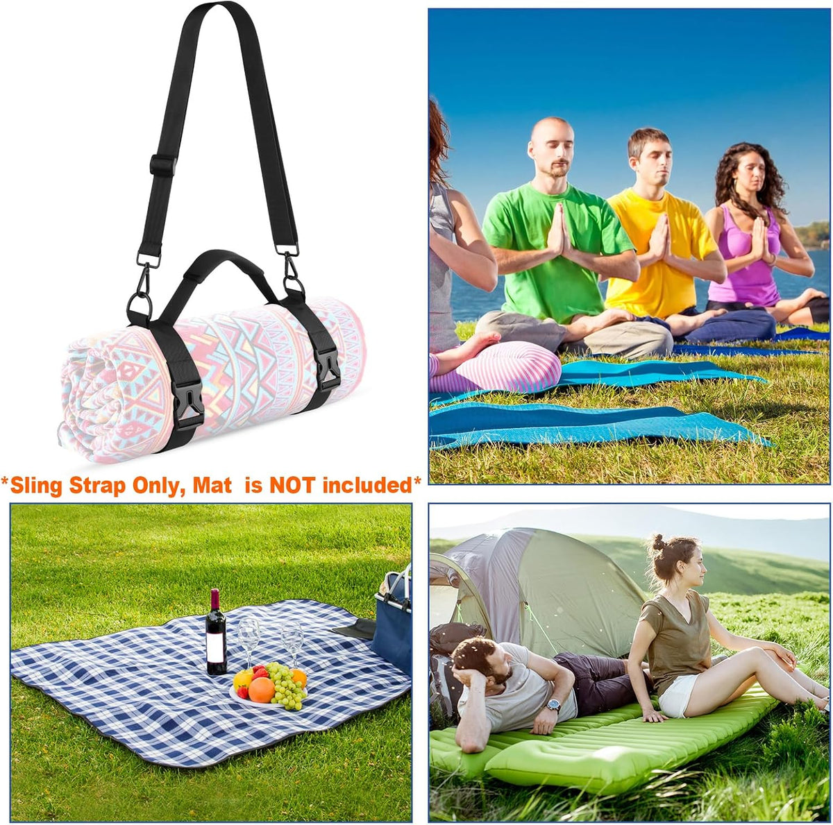 Portable Yoga Mat Strap Mat Sling Picnic Blanket Strap with Adjustable Shoulder Strap & Handle for Festivals Picnics Camping Motorcycle Bedroll Pilates