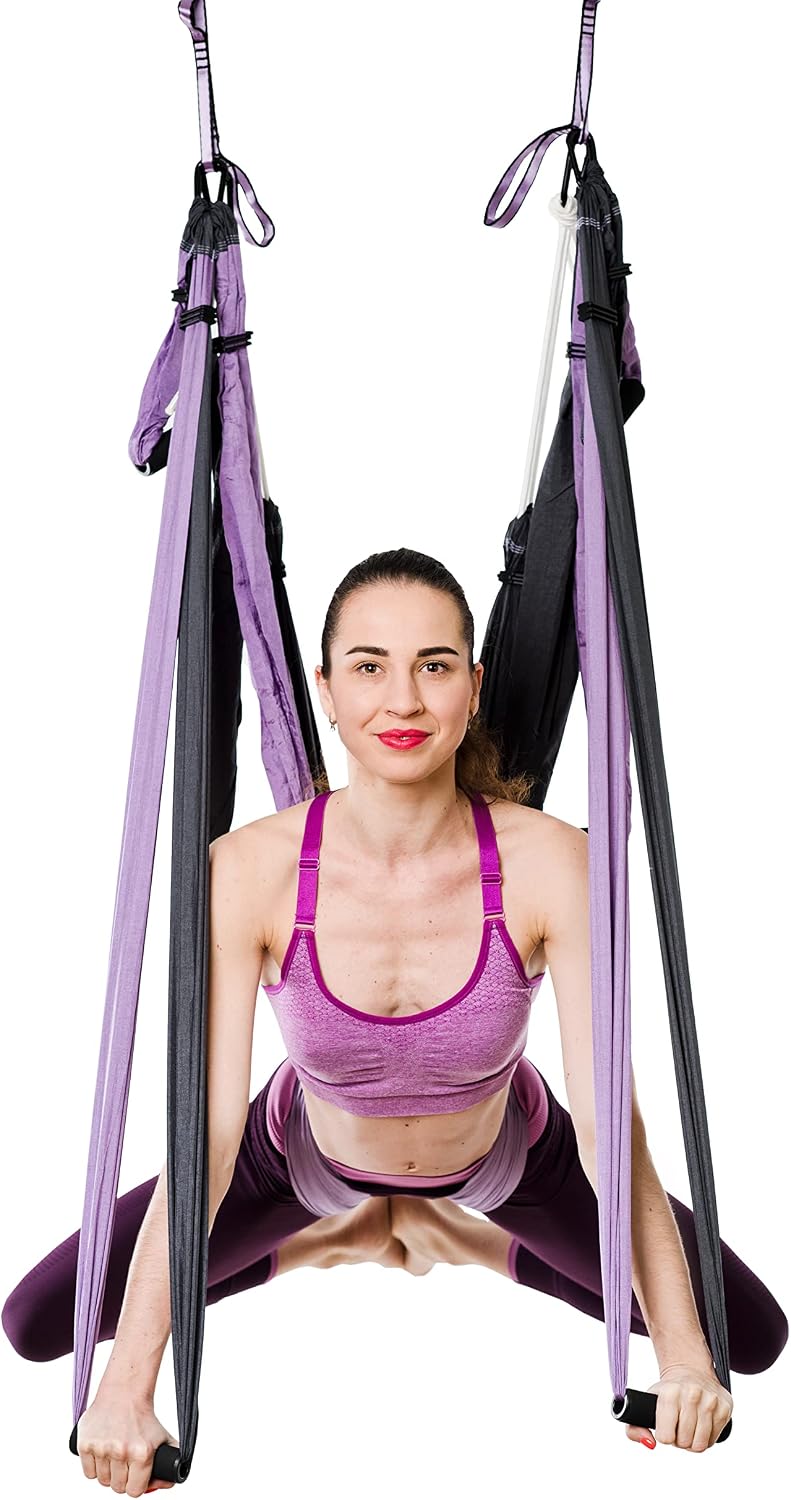 Aerial Yoga Swing Set - Yoga Hammock Hanging Swing - Aerial Sling Inversion Fly Kit - Acro Yoga Inversion Tool - Antigravity Toga Sling - Suspension Trapeze (Grey-Lilac)