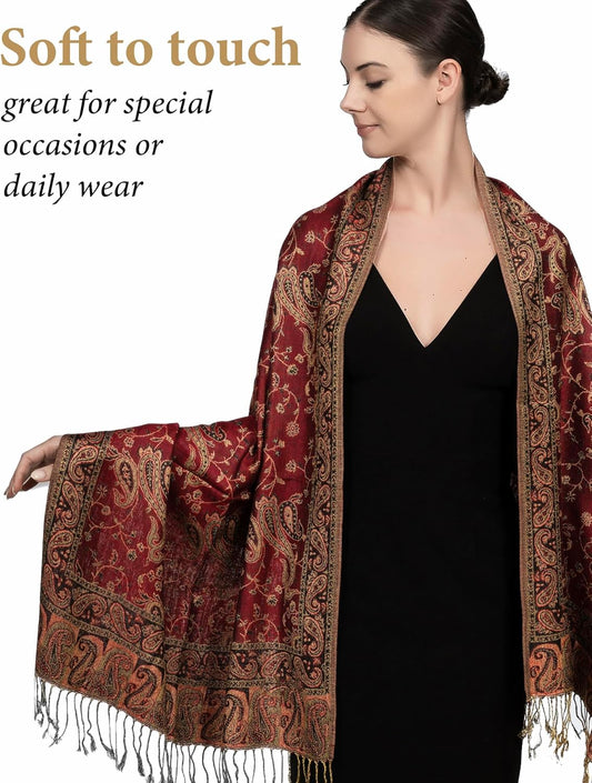 Reversible Paisley Pashmina Rave Scarf – Exotic Indian Shawls and Wraps for Evening Dresses, Festivals, All Seasons - Colors A