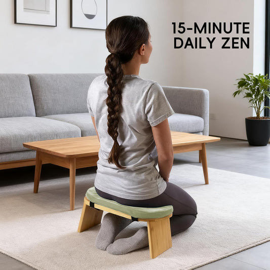Natural Beech Wood Yoga Bench, Ergonomic Design for Kneeling, Meditation, Pilates, FSC Certified (Green)