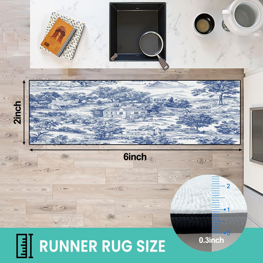 Runner Rug Washable 2x6 Seamless Pattern Toile Inspired Vintage Blue White generated Non-Slip Hallway Area Rug Indoor Outdoor Home Decor for Entryway Bathroom Kitchen Carpet Yoga Floor Mat