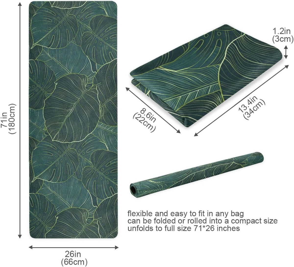 Vintage Mandalas Leaves Yoga Mat Non Slip Thick Kids Banana Palm Eco Rubber Workout Foldable Yoga Mat Women Exercise, 70.8''x26''
