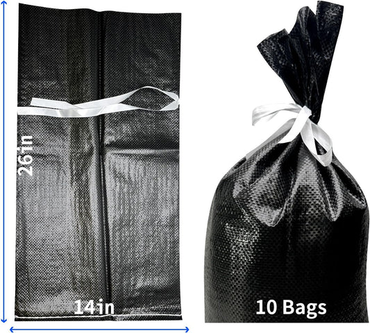 Empty Sandbags for Hurricane Flooding - UV Protected, Military Grade, 14" x 26" with Ties, Holds 50 lbs for Flood Protection – Pack of 10 Bags