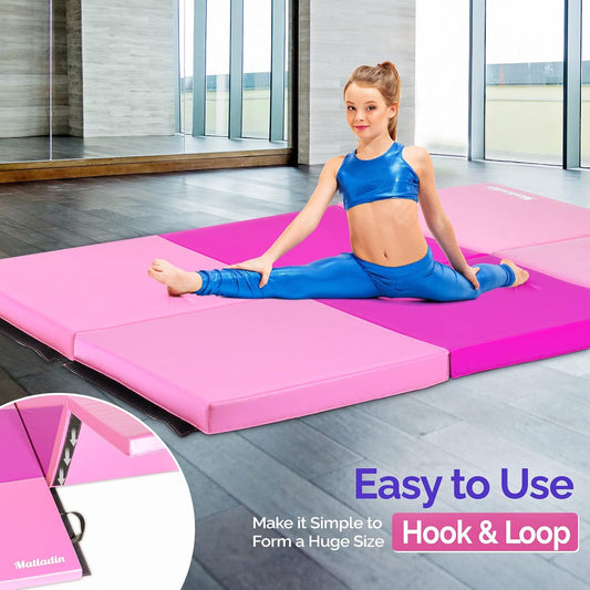 6' Folding Tri-fold Gymnastics Gym Exercise Aerobics Mat, 6ft x 2ft x 2in PU Leather Tumbling Mats with Hook & Loop Fastener for Stretching Yoga Cheerleading Martial Arts
