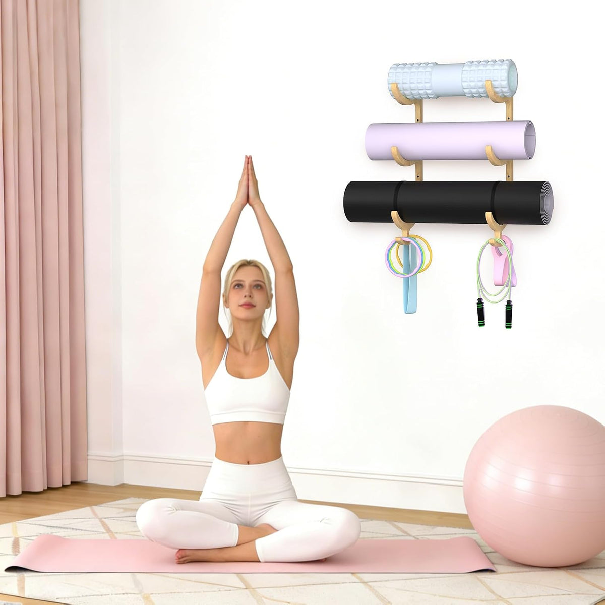 Wooden Yoga Mat Holder Wall Mount, Yoga Mat Storage Rack Organizer