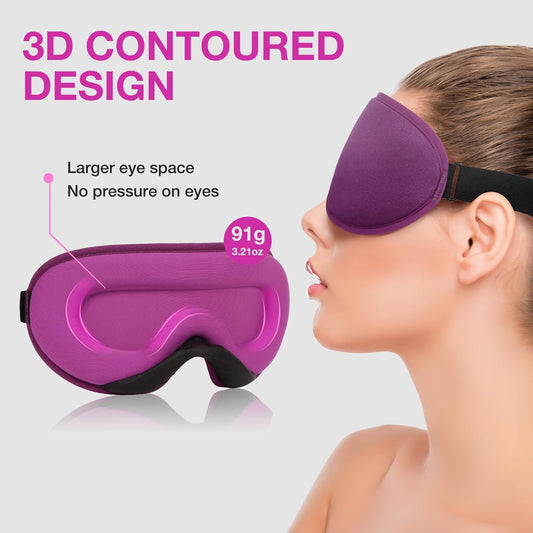 3D Blackout Sleep Mask for Side Sleepers, 5 Pairs Ear Plugs, Purple