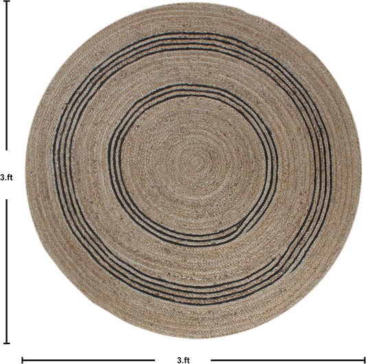 100% Hand Braided Jute Rug Geometric Beige & Black Circle Area Rug Indoor/Outdoor Use Yoga Mat Best Uses for Learning Game,Class Room,Nursery Room,Loundry & Kitchen 4x4 Feet Round