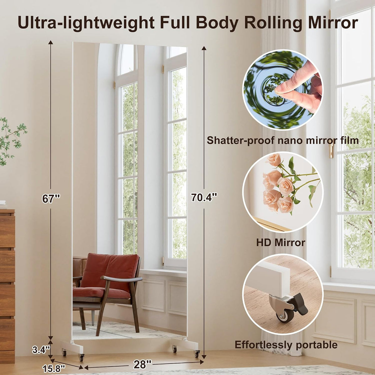67"x24" Ultra-Light Mobile Floor Mirror with 360° Wheels, 0.04mm Shatterproof Nano Film for Home Gym/Yoga/Dance Studio & Commercial Use | 60% Insurance Savings | Black