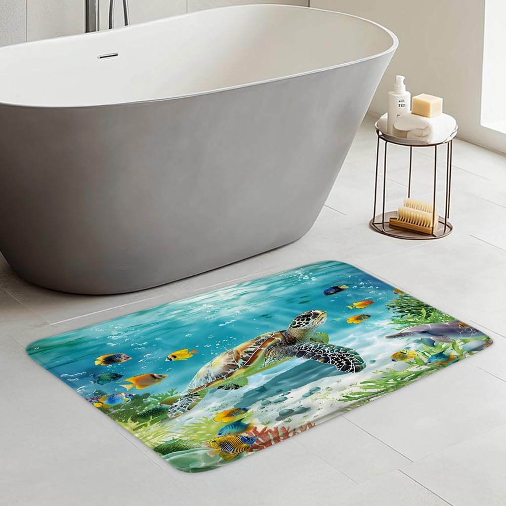 Sea Turtle Bath Mat, Underwater Ocean Dolphin, 18 x 30 Inch