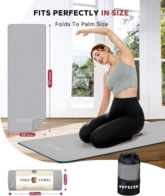 HAPBEAR Non Slip Yoga Mat Towel with Grip Dots, 72" x 24" Hot Yoga Towel - Super Absorbent Microfiber Yoga Towel for Hot Yoga, Bikram, Pilates and Gym Workout - Grey