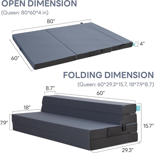 Folding Mattress Queen, High Density Foam Mattress with Breathable and Washable Cover & Storage Bag, 4 Inch Foldable Mat Topper for Camping, RV and Yoga, Handle Design, Blue