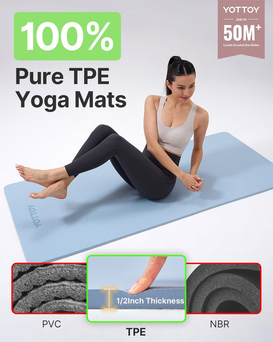 Yoga Mat,Extra Thick Yoga Mat (1/2inch),Professional TPE Exercise Mat,Non-Slip Workout Mat for Yoga, Pilates, Fitness, Barefoot Workouts, Home Gym Studio with Strap