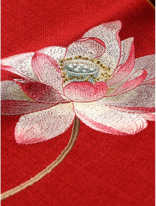 Square Meditation Cushion Mat Set with Washable Cotton Linen Cover and Embroidered Lotus, Larger Yoga Mat Bolster Floor Pillows Seating for Adults Meditation Accesso red-60cm