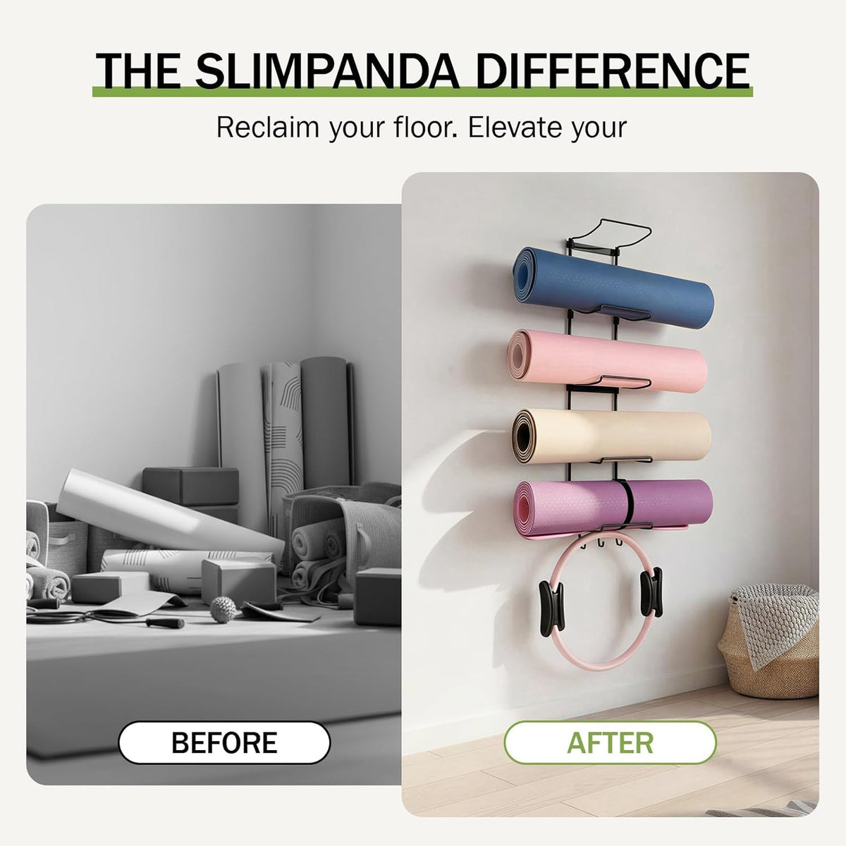 Slim Panda Yoga Mat Holder Wall Mount With Mesh Bag,Yoga Accessories Storage Rack,Home Gym Organizer with 5-Tier & 3 Hooks for Hanging Yoga Mats, Foam Roller, Resistance Bands, Space Saver