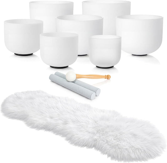 7 Pcs 7-12 Inch Crystal Singing Bowl Set with 1 Pcs White Faux Sheepskin Rug for Chakra Healing, Meditation, Yoga, Sound Therapy, Mindfulness, Relaxation