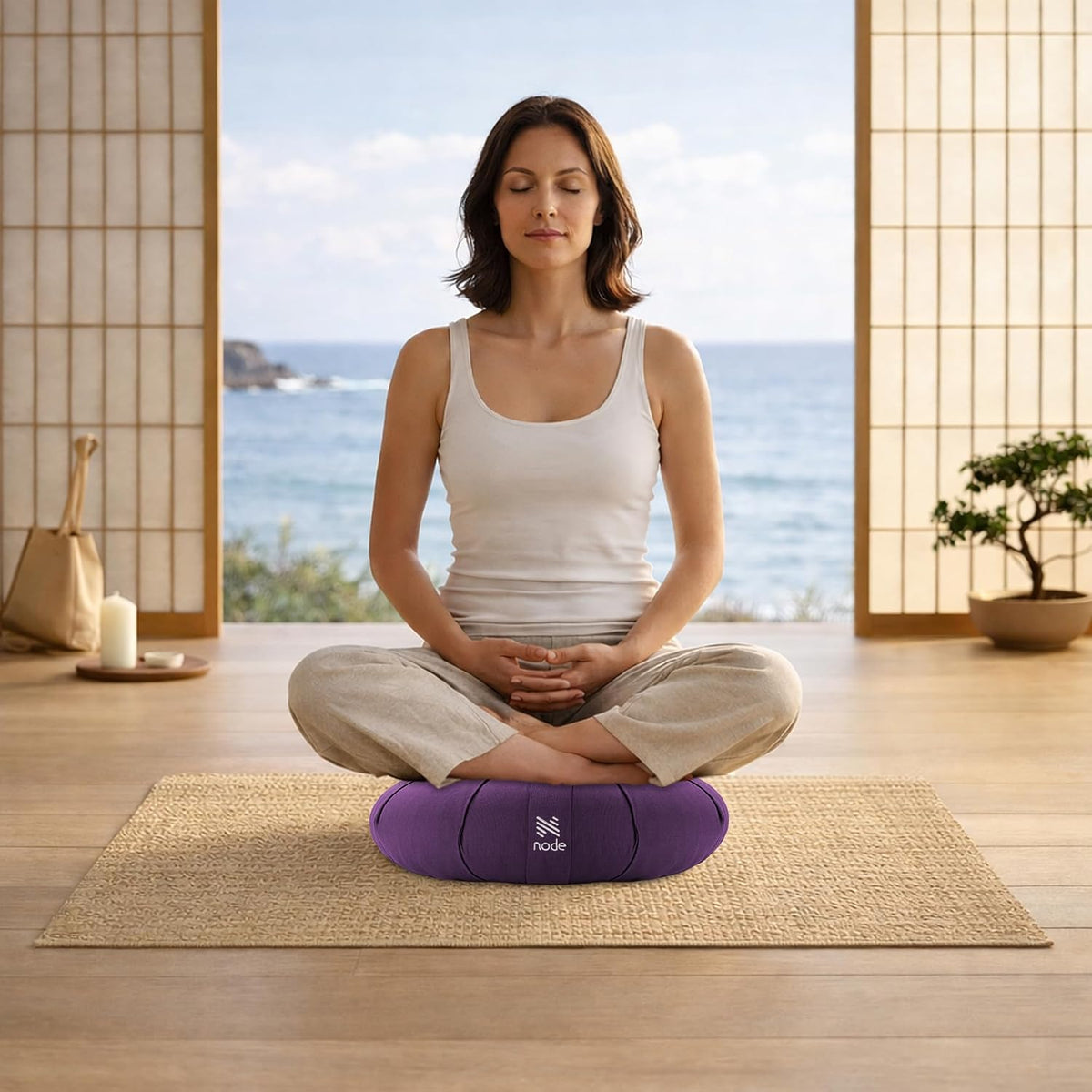 Zafu Meditation Cushion, 15" Round Buckwheat Yoga Pillow with Organic Cotton Cover