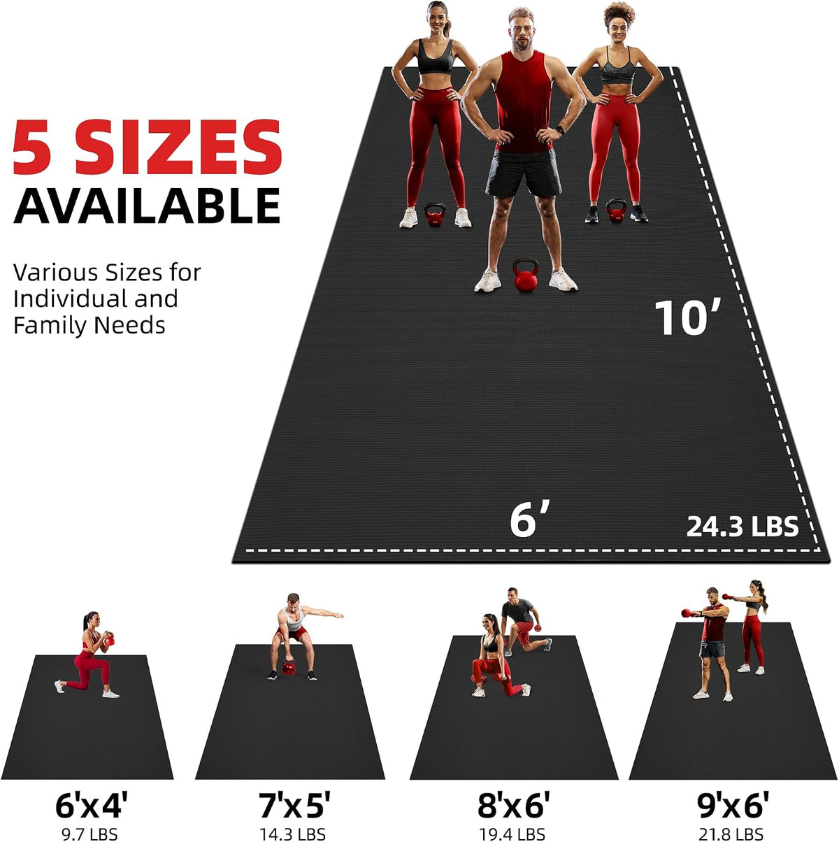 Extra Large Exercise Mat 10'x6'/9'x6'/8'x6'/7'x5'/6'x4' (8mm)