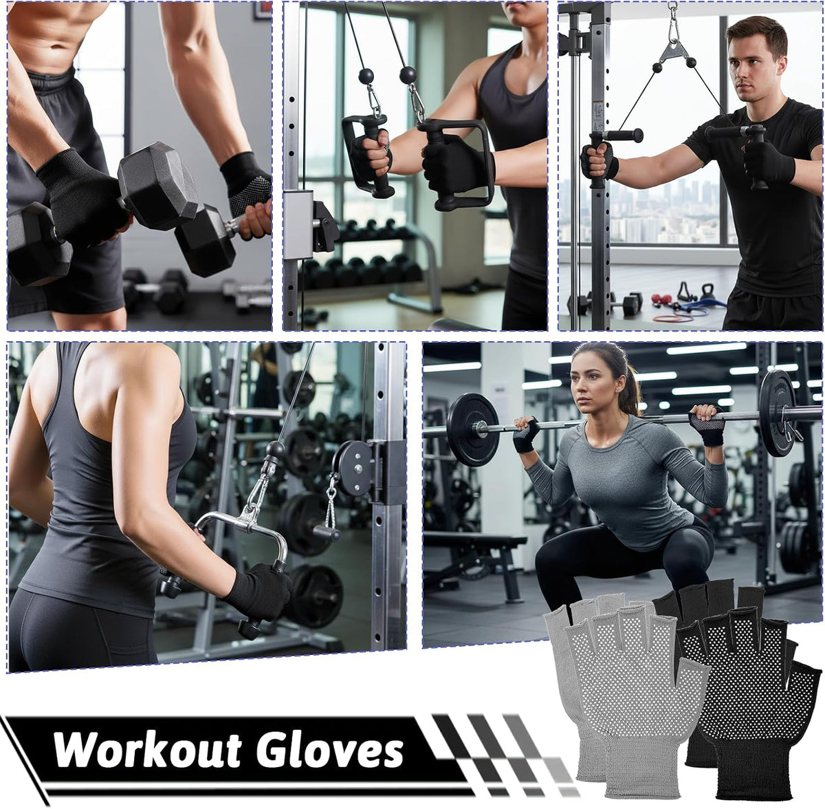 2 Pairs Fingerless Gloves Men Anti-Slip Gym Glove for Women Half Exercise Sports Glove Training Cycling Working Driving Motorcycle Workout Women Men, Black Grey