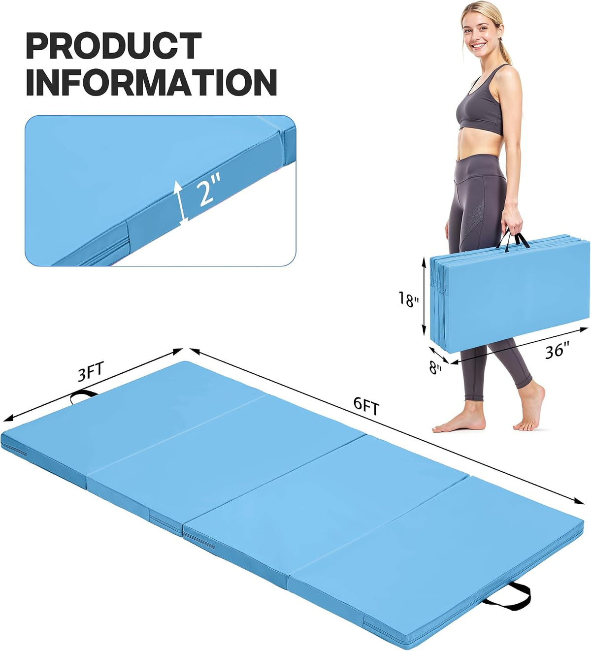 6'x3'x2'' Gymnastics Mats Portable 4-Fold Tumbling Mat Thick Yoga Mat with PU Leather & Carry Handle for Home Workout, Yoga, MMA Core Training, Pilates