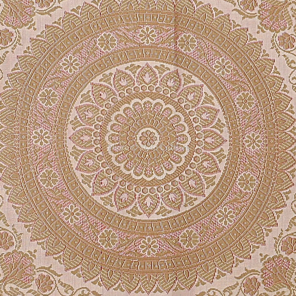 Ethnic Polydupion Cylindrical Yoga Bolster Pillow Cover White Jacquard Brocade Border Mandala Large Sofa Round Cylinder Cushion Cover (1 Pc) | 30x15 Inches (76x38 cm)