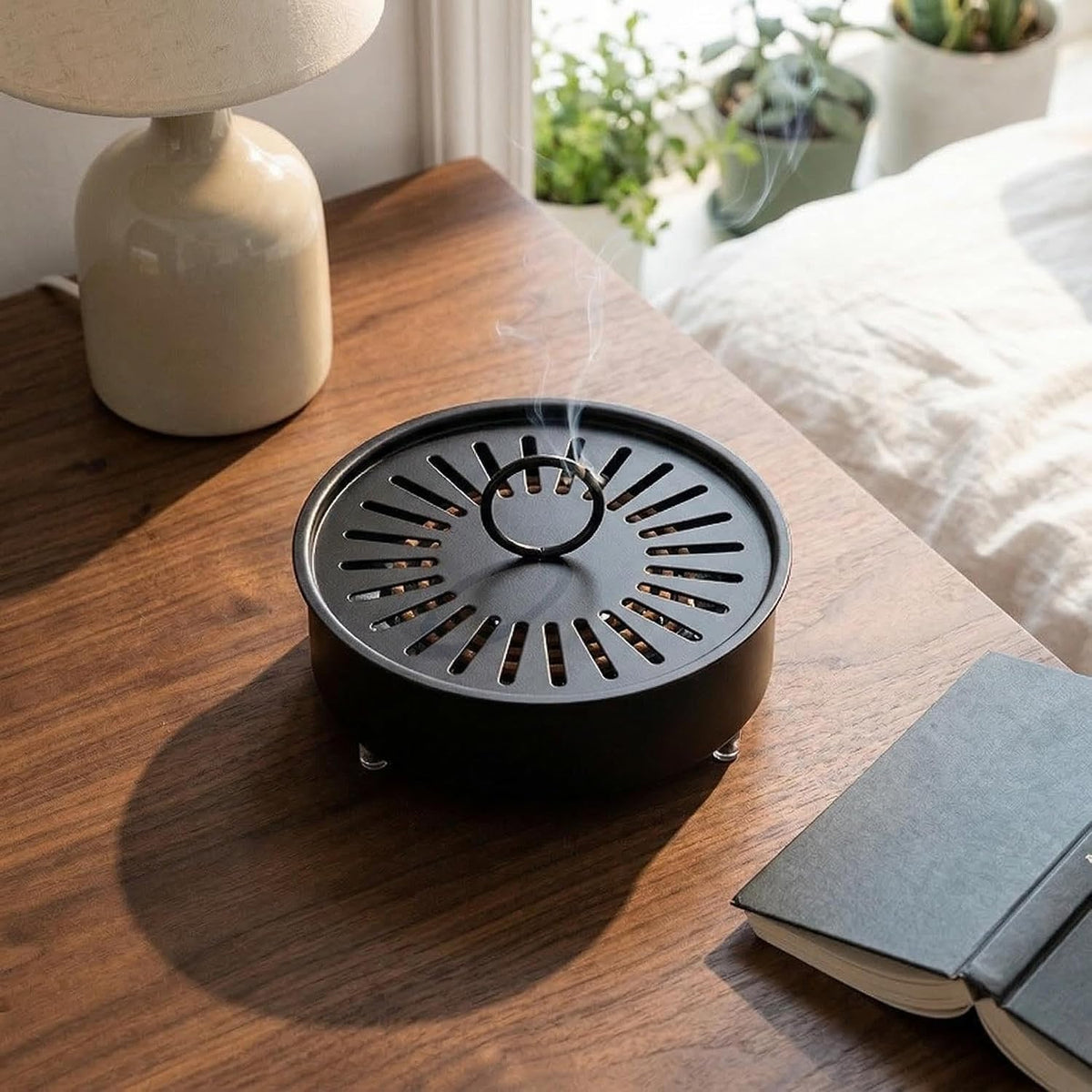 3 Pcs Large Carbon Steel Mosquito Coil Holder with Heat-Resistant Handle, Charcoal Black Iron Incense Burner for Indoor & Outdoor, Patio, Garden, Camping