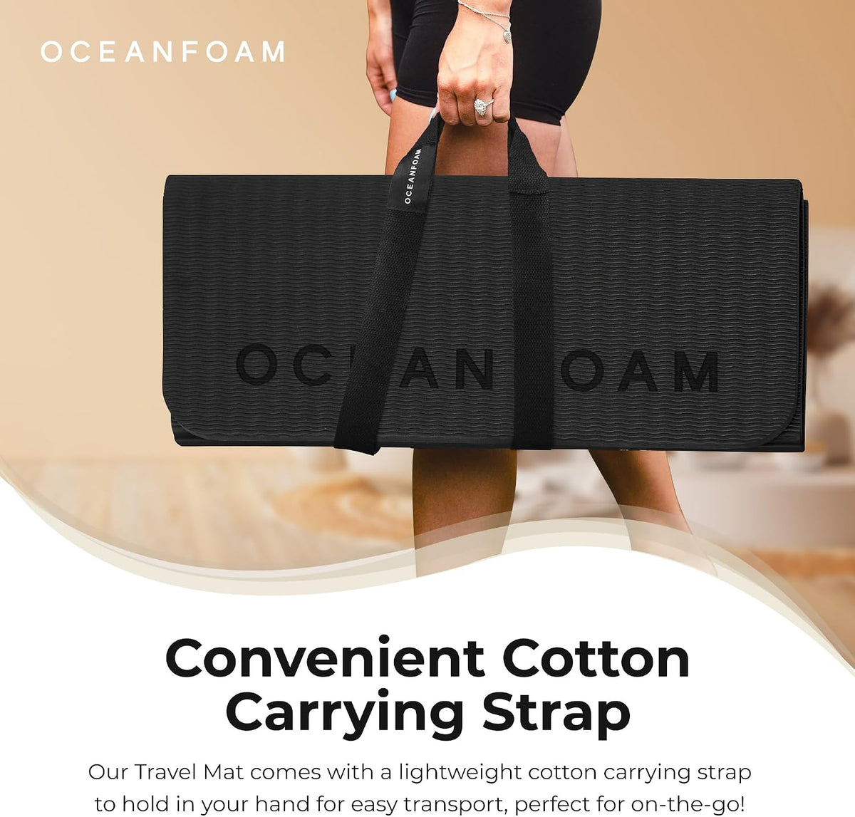 Travel Workout Mat – 0.3" Thick Folding Exercise Mat for Yoga, Pilates, & Fitness – Non-Slip with Cotton Carrying Strap, Made with Sustainable Algae Foam – 24" x 72" (Black Marbled)